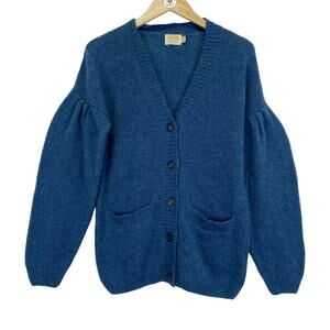 Alpaca Wool Blend NATION Ltd Cardigan Blue Puff Sleeve Sweater Cozy Chic Size XS